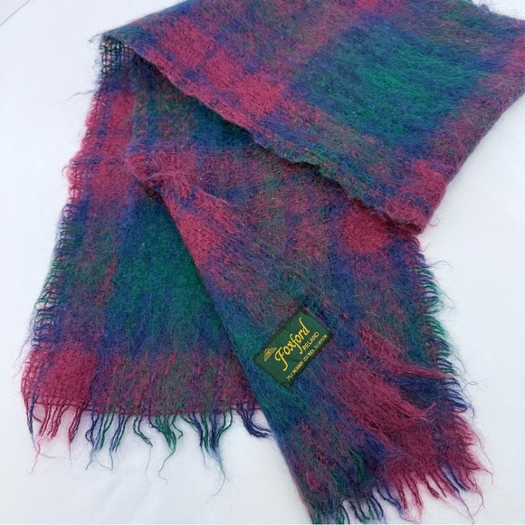 Foxford Irish Colorful Mohair Wool Woven Blue Red Teal Neck Scarf - Picture 2 of 8